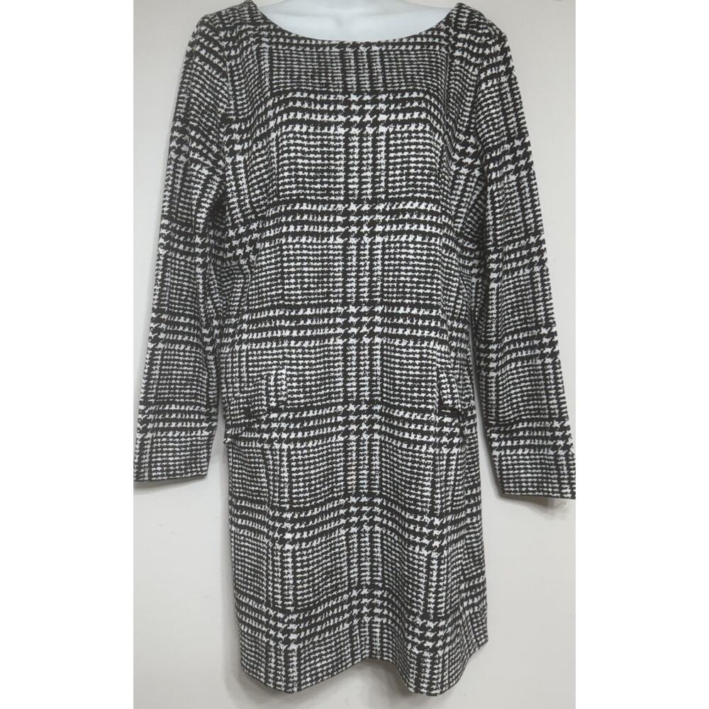 Ann Taylor Loft Shift Dress Women’s 14 Knit Long Sleeve Black Houndstooth NEW - Picture 3 of 12